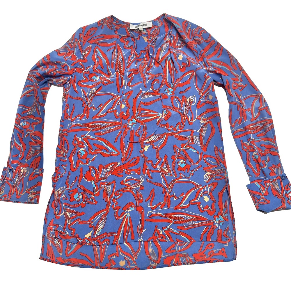 Diane von Furstenberg Tunic Blouse Womens Size 4 Blue Red Hi Low 100% Silk $298